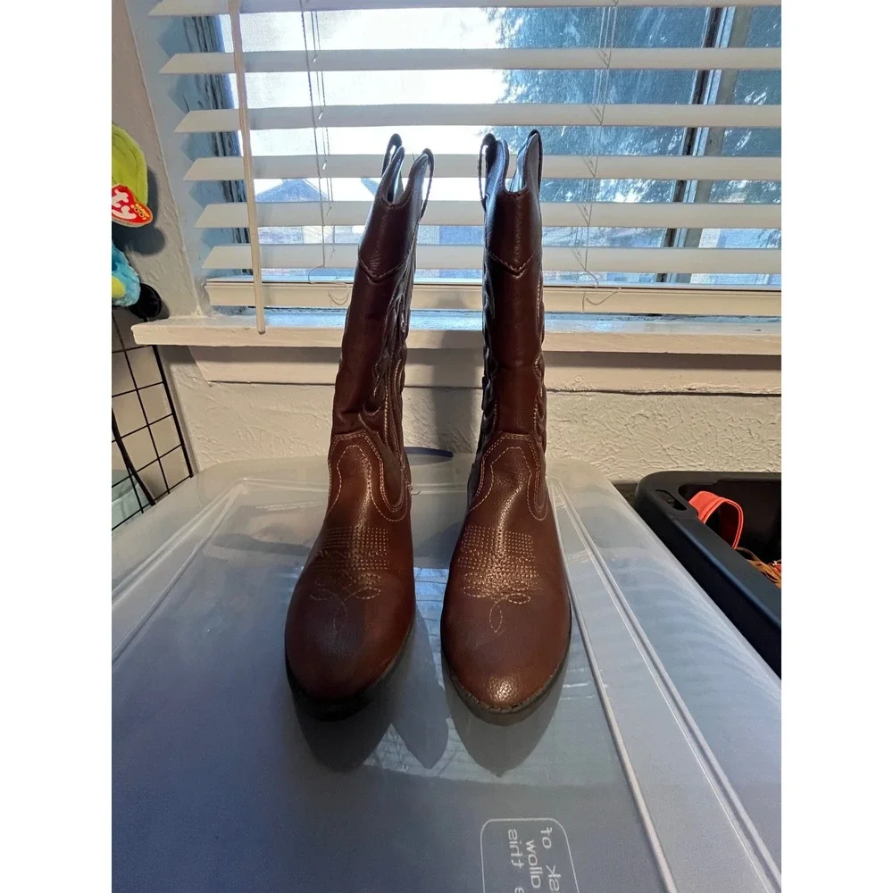 Cat and Jack Kids Brown Faux‎ Leather Western Cowboy Boots Size 3 Side Zip